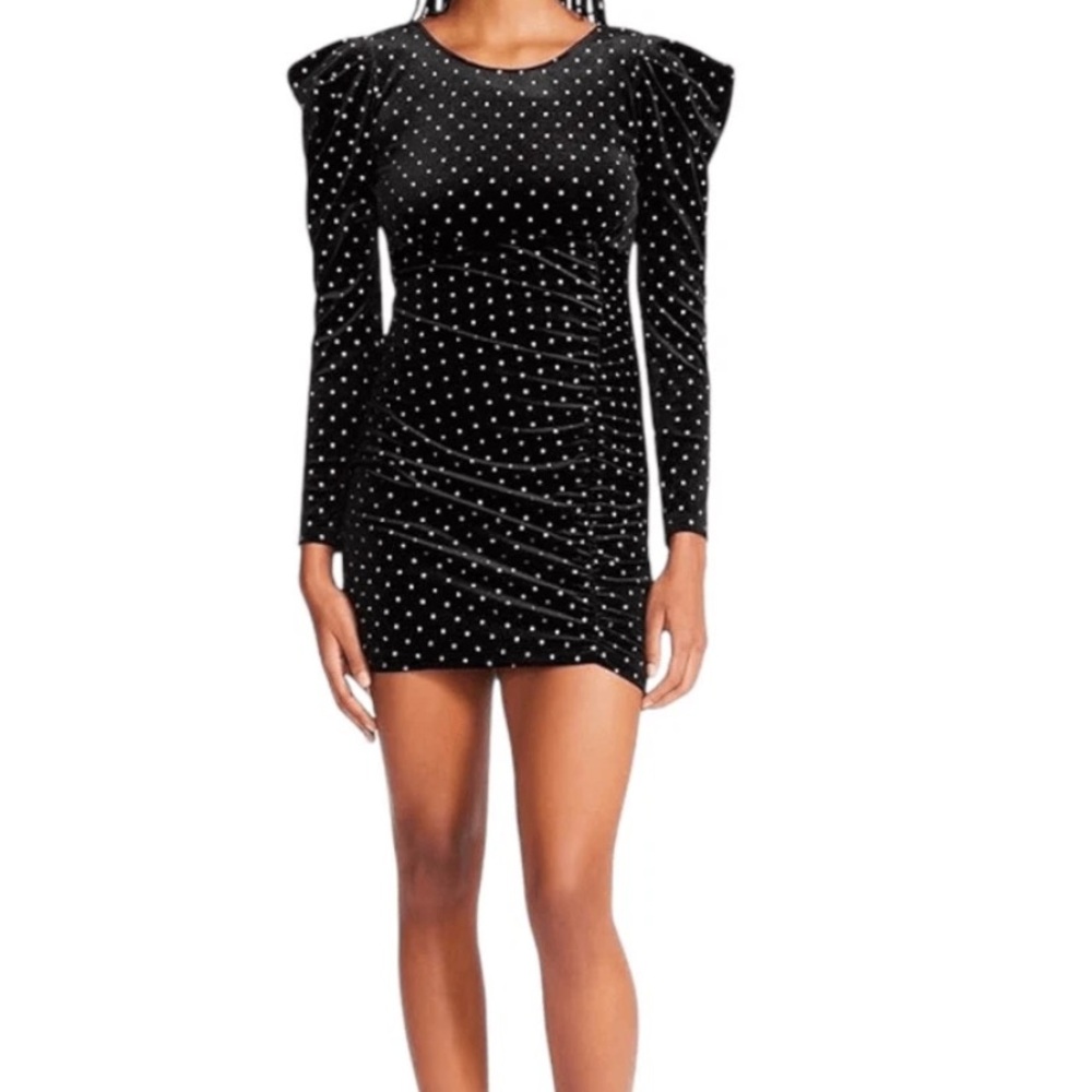Betsey Johnson Black Velvet Polka Dot Ruched Puff Sleeve Bodycon Dress L